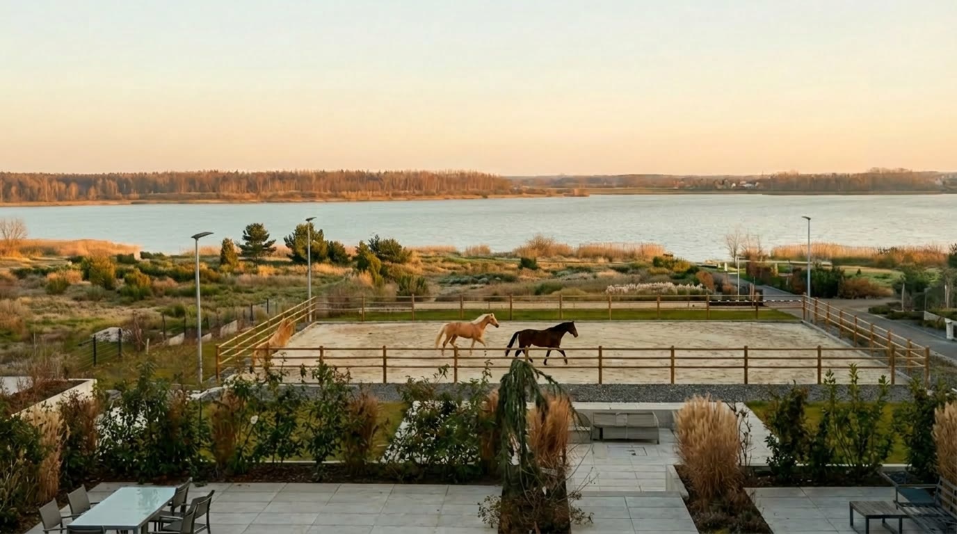 See-Pferde Zwenkau — Panorama mit Reitplatz und Zwenkauer See bei Sonnenuntergang